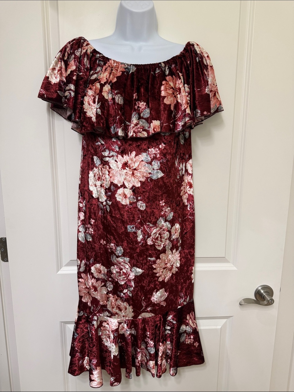 LuLaRoe Burgundy Floral Off-Shoulder Velvet Midi Dress NWOT